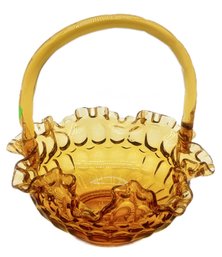 Vintage MCM Amber Glass Ruffled Rimmed Footed Basket With Applied Handle, 8' Diam. X 8'H