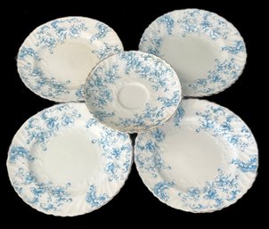 5 Pcs Gold Rimmed Turquoise & White Floral Design, 4-Salald Plates, 5.75' Diam. And Saucer