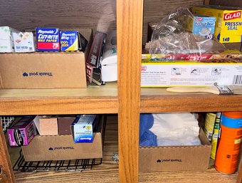 2-Kitchen Cabinet Doors & Drawer - Assortment Of Storage Bag, Foil, Plastic Wrap, Some Open Some Not