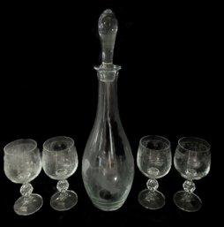 5 Pcs Glass, 4 Vintage Etched Wine Glasses And Tall Sleek Etched Decanter With Stopper, 16.5'H