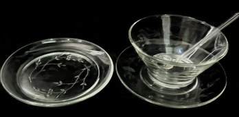 4 Pcs Vintage Princess House Etched Crystal Condiment Bowl, Plate & Glass Shell Spoon & Other Plate