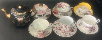 Vintage Porcelain China Tea Pot And 6-Cups& Saucer Sets
