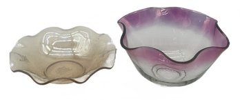 2 Pcs Vintage Princess House Glass Ruffled Edge Chip Or Serving Bowls, Largest 10.25' Diam. X 4.75'H