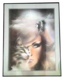 Vintage Double Matted & Framed Nick Rudman 'Cat Bird Woman' Lithograph Print, 28.75' X 36.75'H, Artist Signed