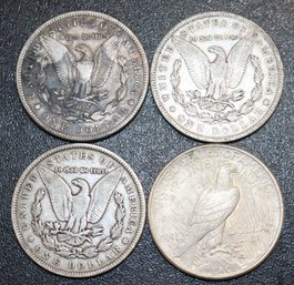 Four United States Silver Dollars - 3 Morgan - 1 Peace