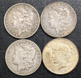 Four United States Silver Dollars - 3 Morgan - 1 Peace