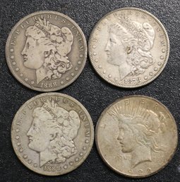 Four United States Silver Dollars - 3 Morgan - 1 Peace