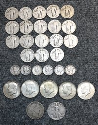 United States Silver Coin Lot - Standing Liberty Quarters - Mercury Dimes - Assorted Half Dollars