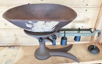 Antique Scales With Some Weights And Treenware Carved Wooden Bowl