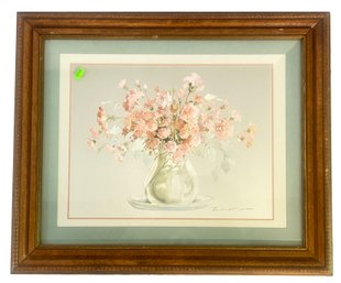 Vintage Matted And Framed Print Of Vase Of Carnations, 23' X 19.5'H