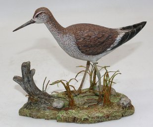 Wood Bird Carving 'Yellow Legs' Signed By Lewis Robichaud - Cape Cod - 1980 - On Decorated Base