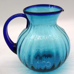 Large Blue Glass Pitcher With Applied Cobalt Handle - Bubbled Glass In Body Of Pitcher