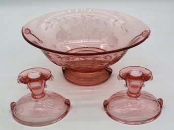 Three Pink Glass Pieces - Decorated Pedestal Bowl & 2 Matching Decorated Candlesticks