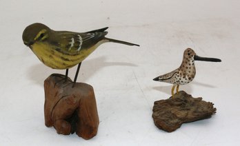 Two Wood Carved Birds - One Is Signed