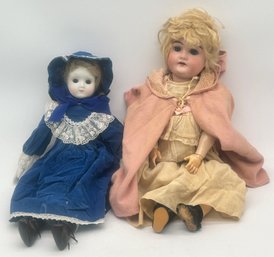 2 Pcs Vintage Porcelain Dolls With Rolling Eyes And Vintage Clothing, Tallest 20'H