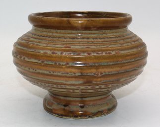 McCoy Pottery USA 424 Footed Ribbed Planter Urn Green Brown Tan Approx. 5' Tall & 5' Diameter