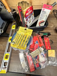 Misc Lot Of Garage Tool Bench Items - Level, Square, Drill Bits And More