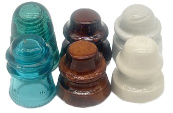 6 Pcs Vintage Glass & Ceramic Telephone Pole Insulators, 2-Blue Glass, 2-White Ceramic & 2 Brown Ceramic