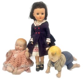 3 Pcs Vintage Baby Dolls, Tallest 17.5'H And One Wind-Up With Key