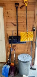 Lot Of Various Shovels, Snow Shovels, Children's, Dirt Shovel, Rake, Rubber Broom/