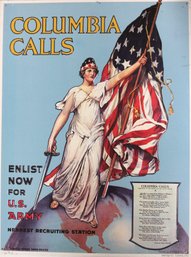 'Columbia Calls - Enlist Now For US Army' - Tin Sign 12' X 16' Made By AAA Sign Co. Ohio, USA