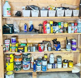 Garage Lot Of Hardware, Paint, Stains, Cleaning Supplies And Other Various Items