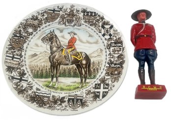 2 Pcs Royal Canadian Mounty Themed 10' Diam. Plate & 7.5' Plastic Statue