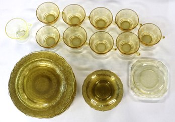 Lot Of Amber Depression Glass - Cups - Plates - Saucers