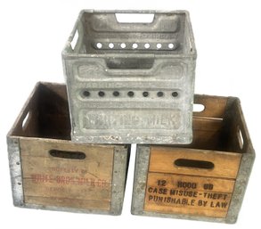 3 Pcs Vintage Milk Crates, Wooden Hood, Wooden White Bros & Metal Whiting, 13' Sq X 10'H