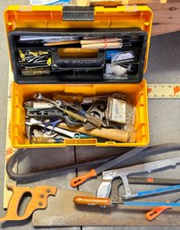 Lot Of Tools, Hack Saws, Tool Box, 4 Ft Metal T-Square And Other Otems