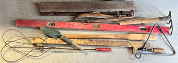 Vintage Lot Of Hand Tools Including Carpet Beater, Wooden Level, Dinner Bell, Hanes, And Other Items