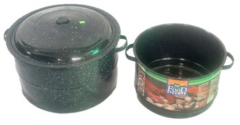 2 Pcs Ceramic On Steel, Clam Steamer Pot (No Lid) 13.75' Diam. And Lobster Pot, 16.25' Diam.