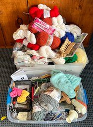 3 Tub Lot Full Of Crafting Mostly Knitting Related Items, Yarns, Hoops And Notions