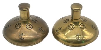 Vintage Pair Of Made In Sweden Brass Over Glass Ship's Decanters With Wheel & Anchor Design, 6.75' Diam. C 5'H