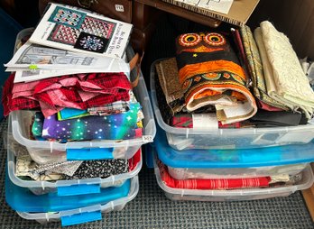 6 Storage Bins  Full Of Material For Quilting And Crafting, Flannels, Wool, Cotton, Muslin, Quilts Started & M