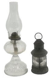 2 Pcs Vintage Lanterns, Glass Kerosene, 18'H And Tin , Brass & Glass Perko Lantern, 10.75'H