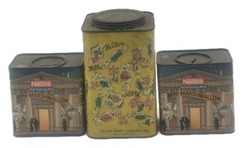 3 Pcs Vintage Tins, 2-Nestle Hot Cocoa Mix Mini-Marshmallow (Banks) And Heller Candy Co. 5-1/8' Sq X 8.5'H