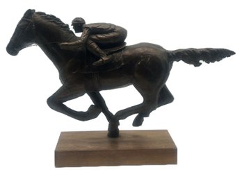Bronze Colored Cast White Metal Racing Jockey On Horse Mounted On Wooden Plinth, 16.5' X 4.5' X 11.5'H