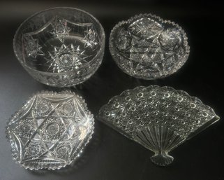 4 Pcs Nice Cut Leaded Crystal, Bowl, 8' Diam. X 3.5'H, Shallow Sawtooth Dish, Fan Dish And Other
