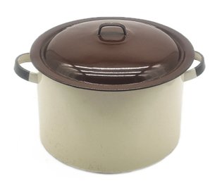 Vintage Enameled On Steel Bean Pot With Lid, 11.5' Diam. X 7.5'H