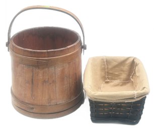2 Pcs - Antique Firkin, 12.25' Diam. X 12'H (No Lid) And Woven Bread Basket With Cloth Liner, 13' X 15' X 6'H
