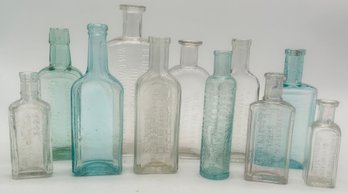 11 Pcs Antique Embossed Medicine Bottles, Maine, Mass