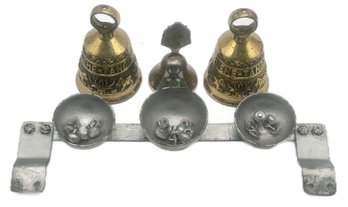 5 Pcs Vintage Bells, Including Silver 3-Bell Door Set, 11.75'L, 2 Brass And Other