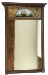Antique Federal Style Looking Glass With Reversed Painted Ship Scene, 22.75' X 35.75'H