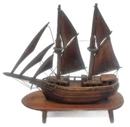 Vintage Carved Schooner With Wooden Sails, 15.5' X 5.5' X 15'H