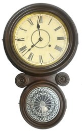 Antique Wall Clock. Unmarked, Key & Pendulum Present, 13.5' X 5' X 21.75'H, Not Tested