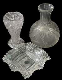 3 Pcs Pressed Glass Bedside Water Carafe, 6' Diam. X 8.5'HRuffled Edge Dish And Vase