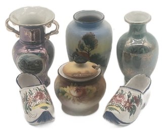 7 Vintage Porcelain And Ceramic, 2-Luster Vases, Other, Mustard Pot, And Pair 1900s French Shoes