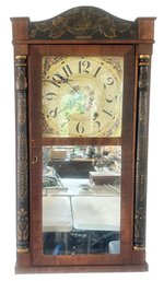 Early 19thC Antique Seymour, Hall & Co Shelf Clock, Eli Terry, Stenciled With Pillars, Key & Pendulum Present