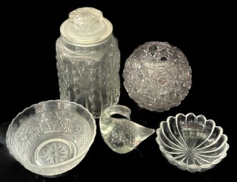 5 Pcs Clear Glass, Crystal Goose, Canister, 5' Diam. X 9.5'H, Rose Bowl And 2 Other Bowls